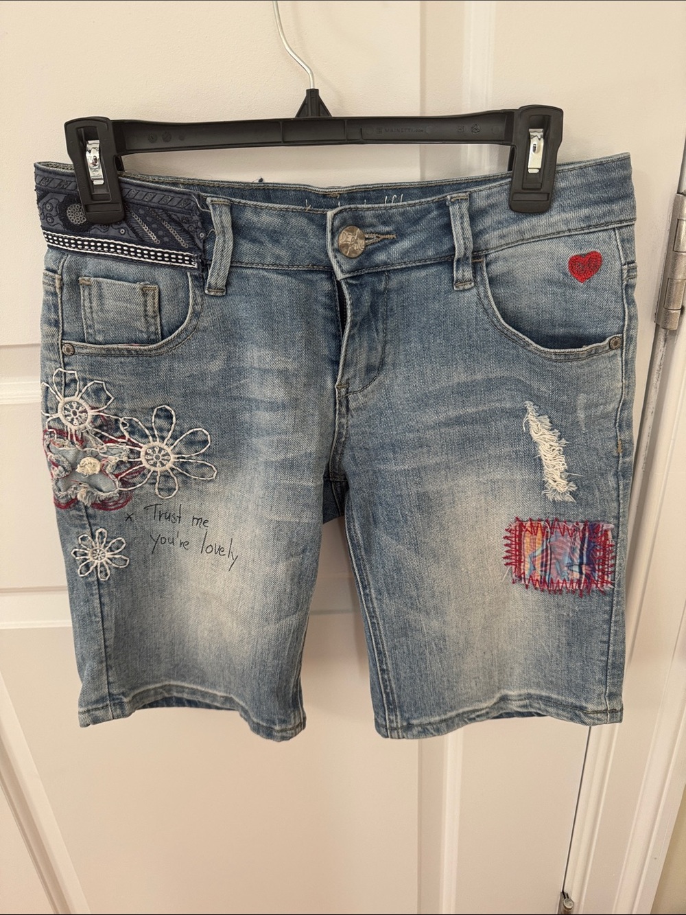 Desigual Light Blue Embroidered Denim Shorts with Patchwork
